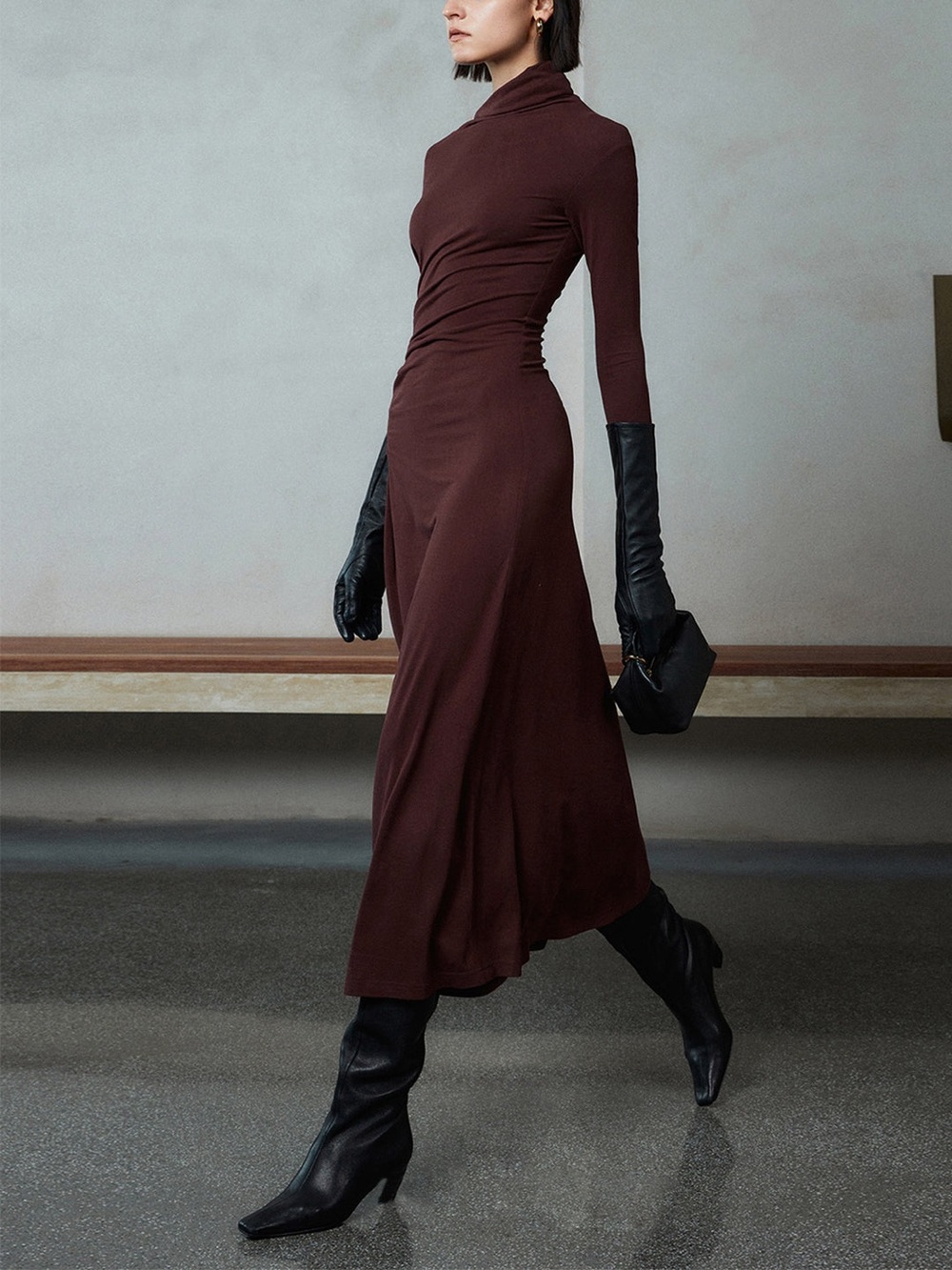 Commense Asymmetrical Neck Long Sleeve Ruched Maxi Dress in Burgundy Brown - Picture 2 of 7